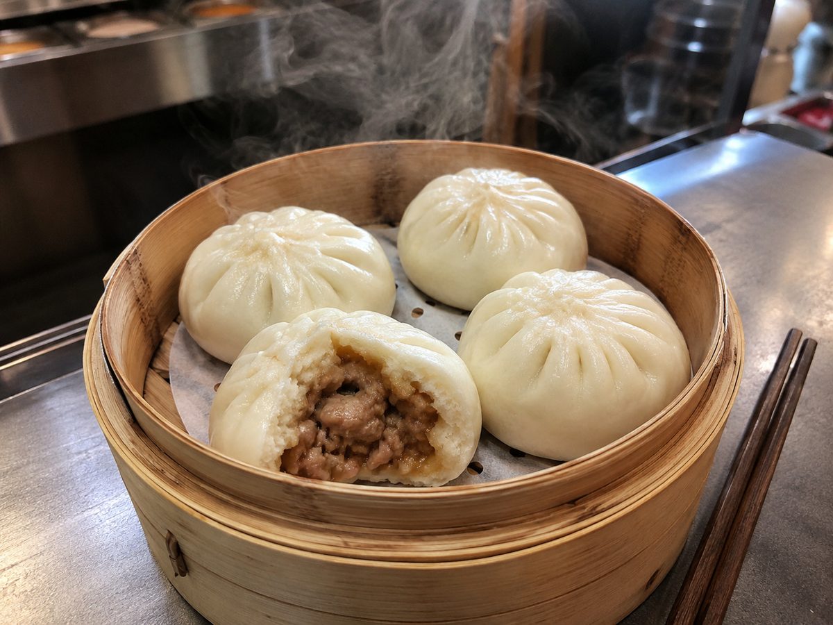 A bamboo steamer of fluffy bao buns, one torn open to show the filling