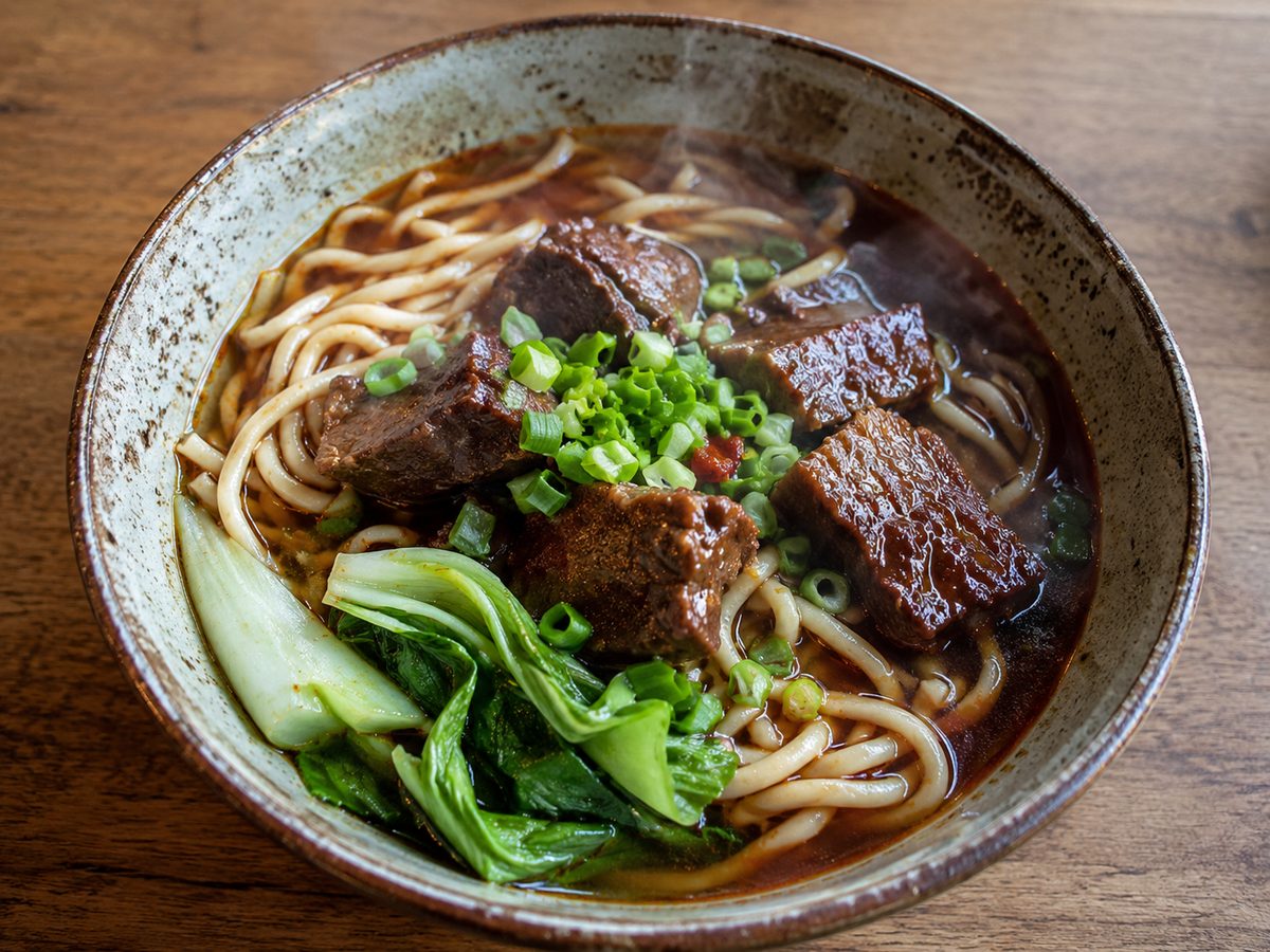 Overhead bowl of braised beef noodles