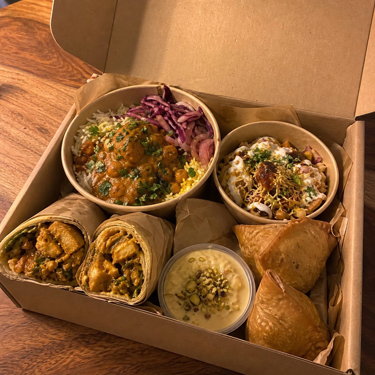 A Mystery Box packed with curries, naan, samosas, and rice
